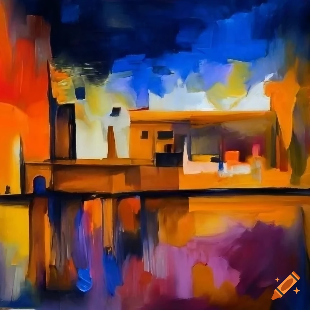 Colorful abstract knife painting of a haveli