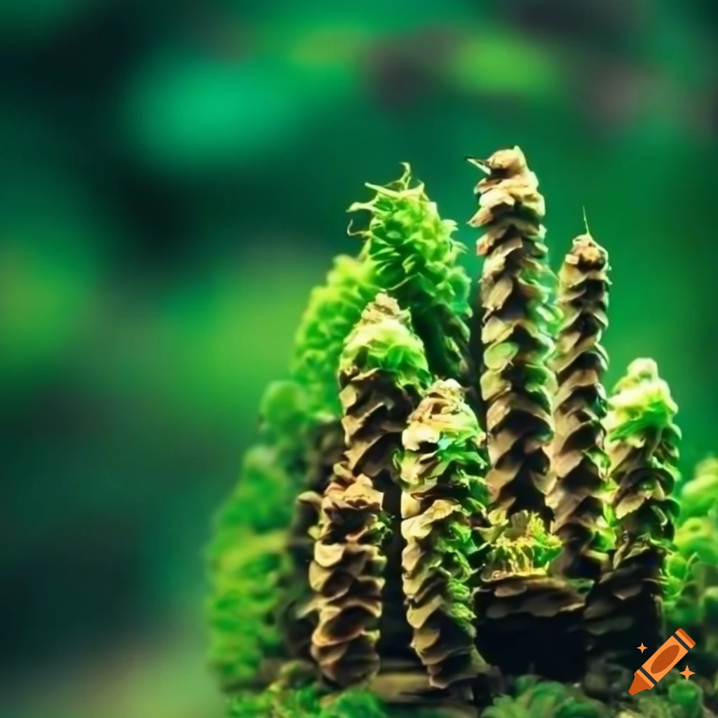 photo of a unique green forest plant with twisted cones