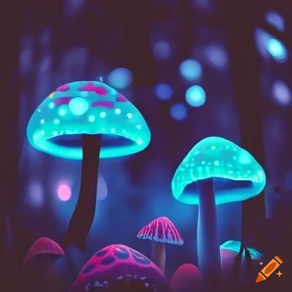 nighttime forest with glowing mushrooms and fireflies