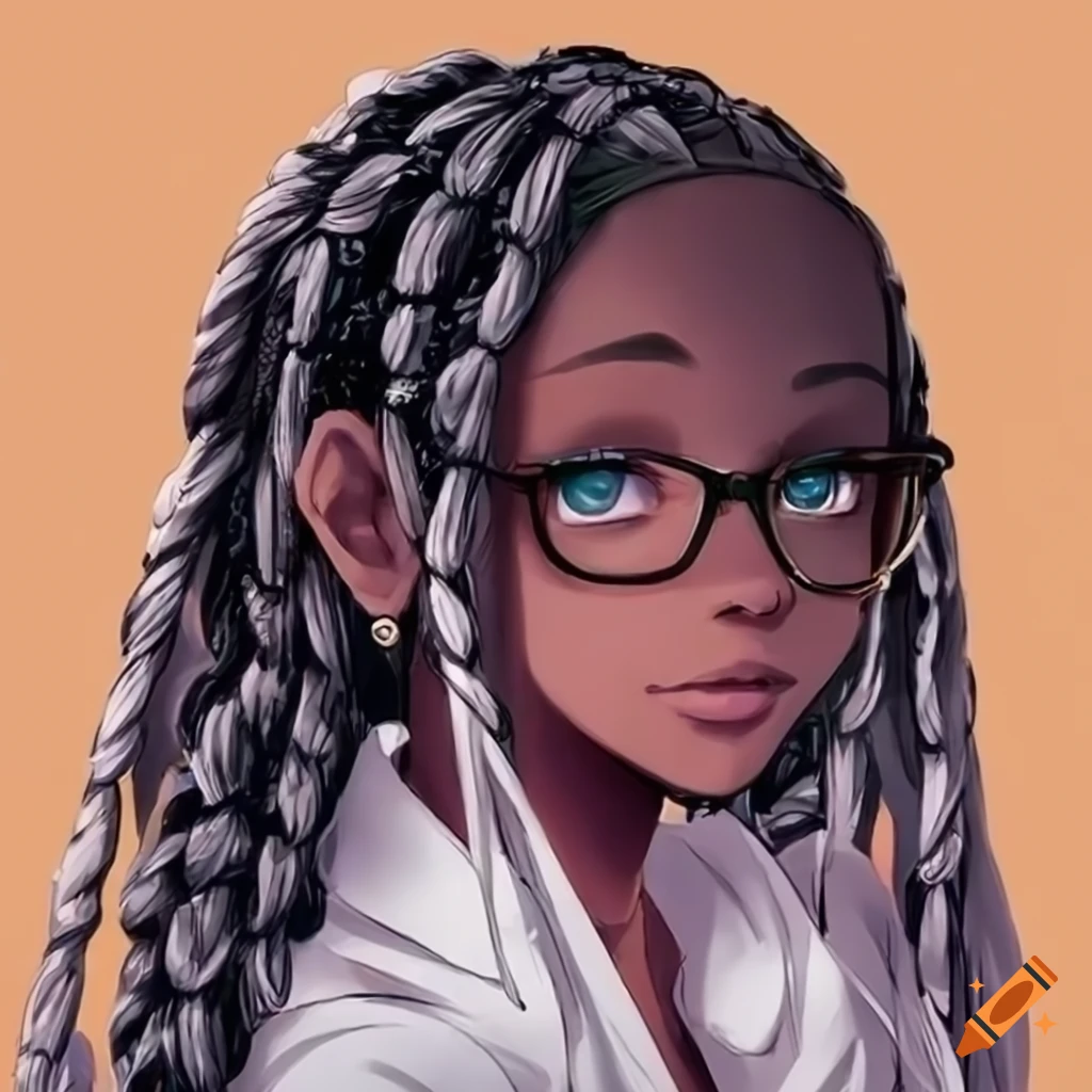 Anime style girl with long black hair in a single braid with brown eyes and  a light pink hoodie with light pink glasses