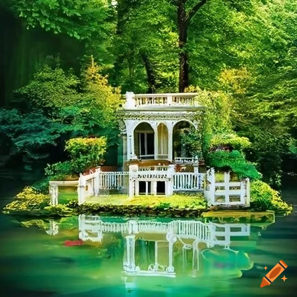 luxurious white house surrounded by a leafy garden and pond
