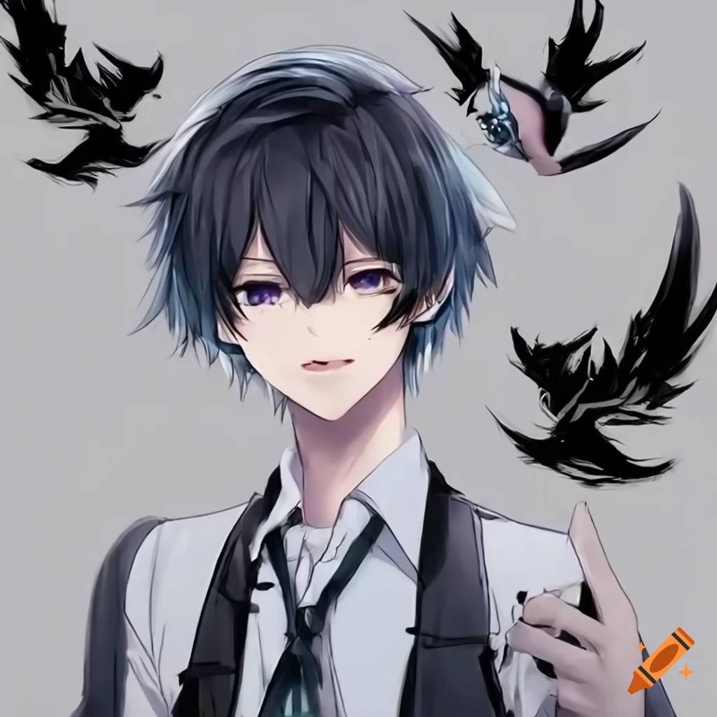 anime character with cyan and black hair and feathers