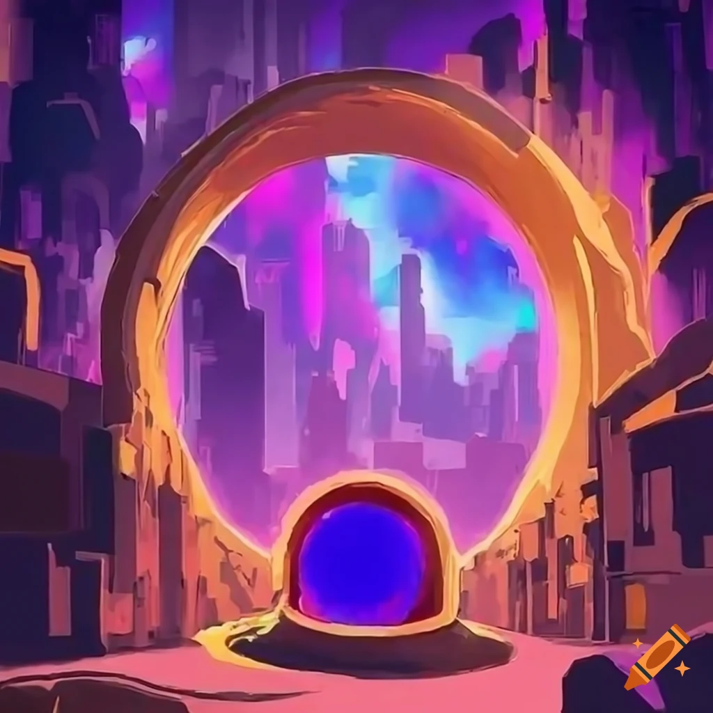 top down view of a merged fantasy and sci-fi city through a purple portal