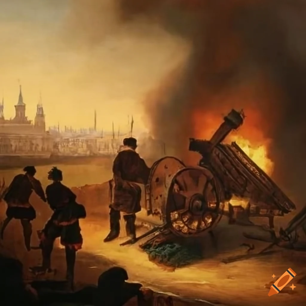 Artistic depiction of russian artillery bombardment in siedlce on Craiyon