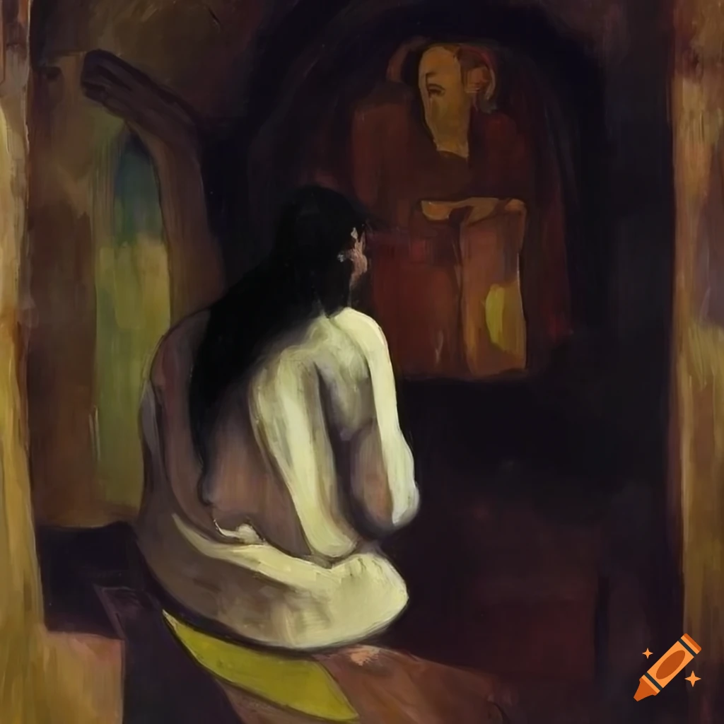 vibrant expressionist painting of a praying man in a medieval chapel