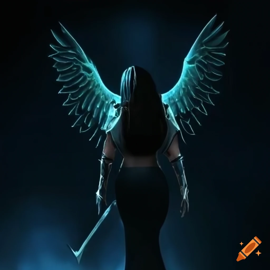 Aaliyah, a fierce warrior with glowing sword and wings on Craiyon