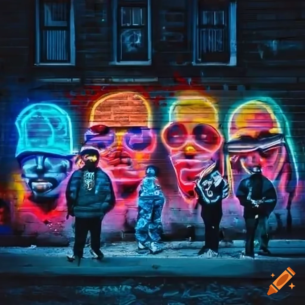 Rappers posing in front of neon graffiti on Craiyon