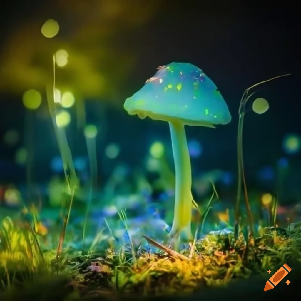 neon glowing mushrooms in an enchanted meadow