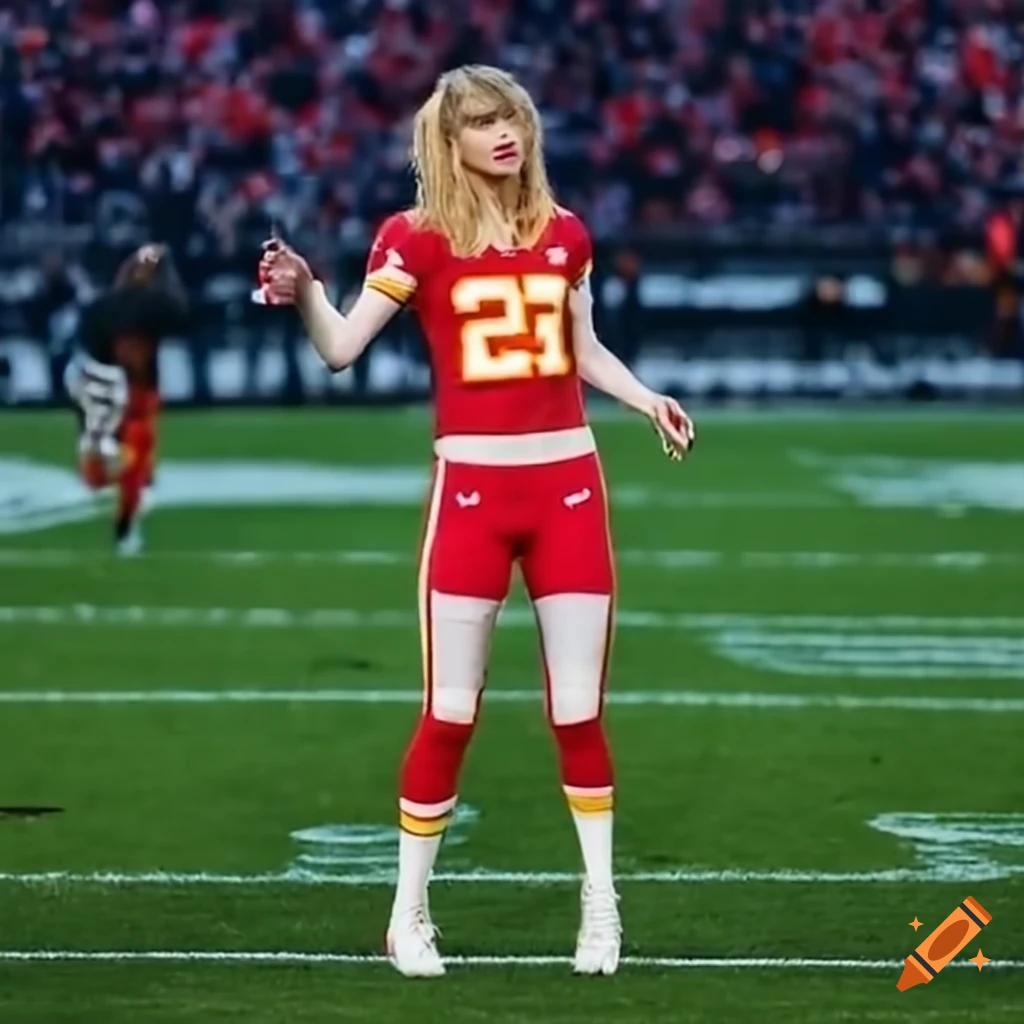 Taylor swift playing football in a travis kelce jersey on Craiyon