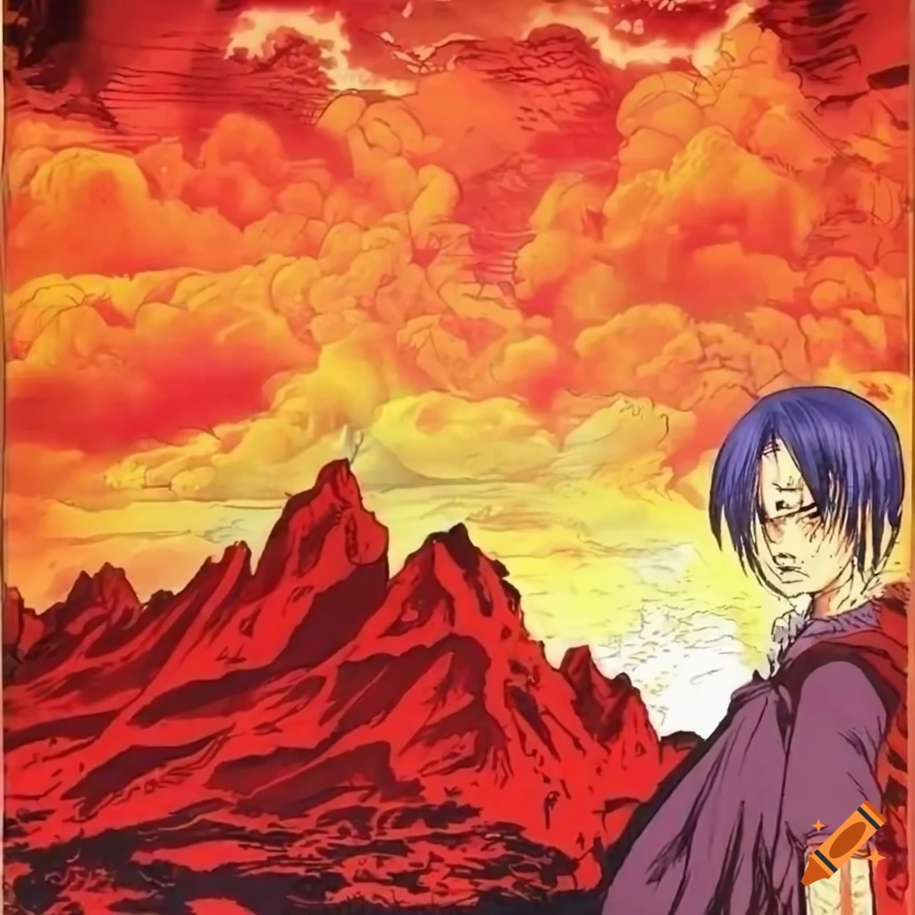 gritty manga cover with red mountains and stormy sky