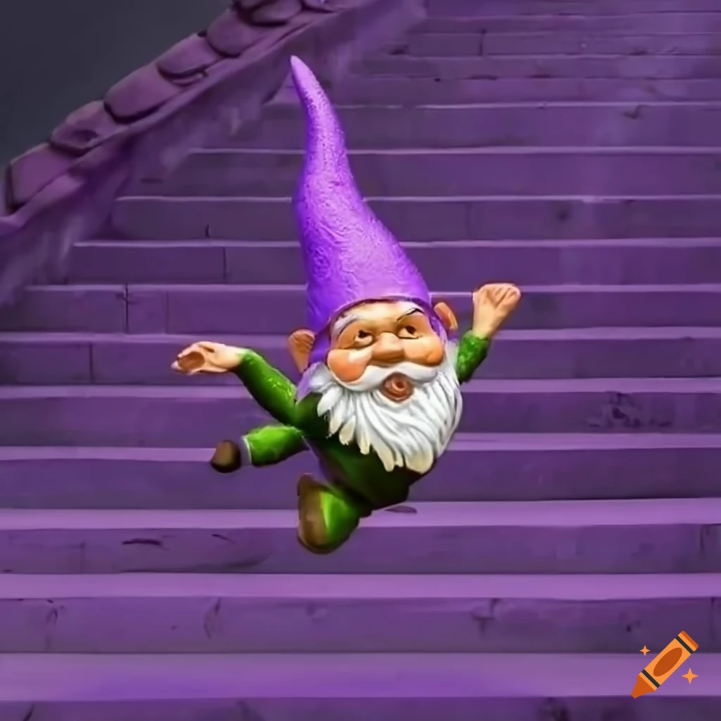 illustration of a gnome tumbling down purple stairs