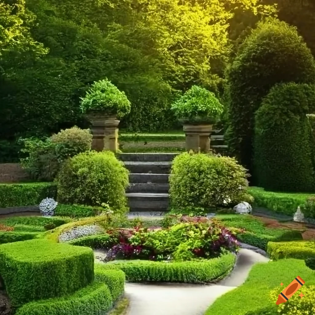 rococo garden with stairs and flowerbeds