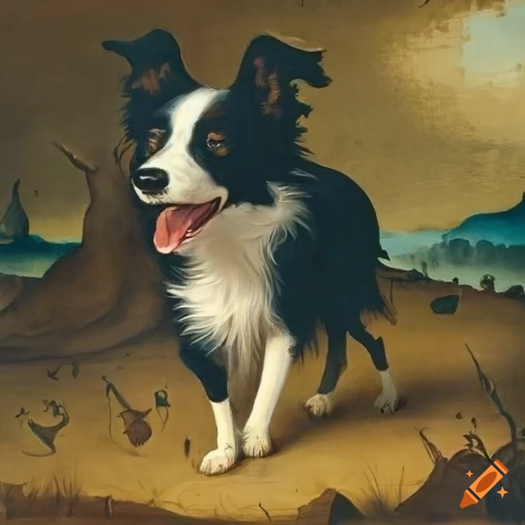 Border Collie playing fetch in Hieronymus Bosch style