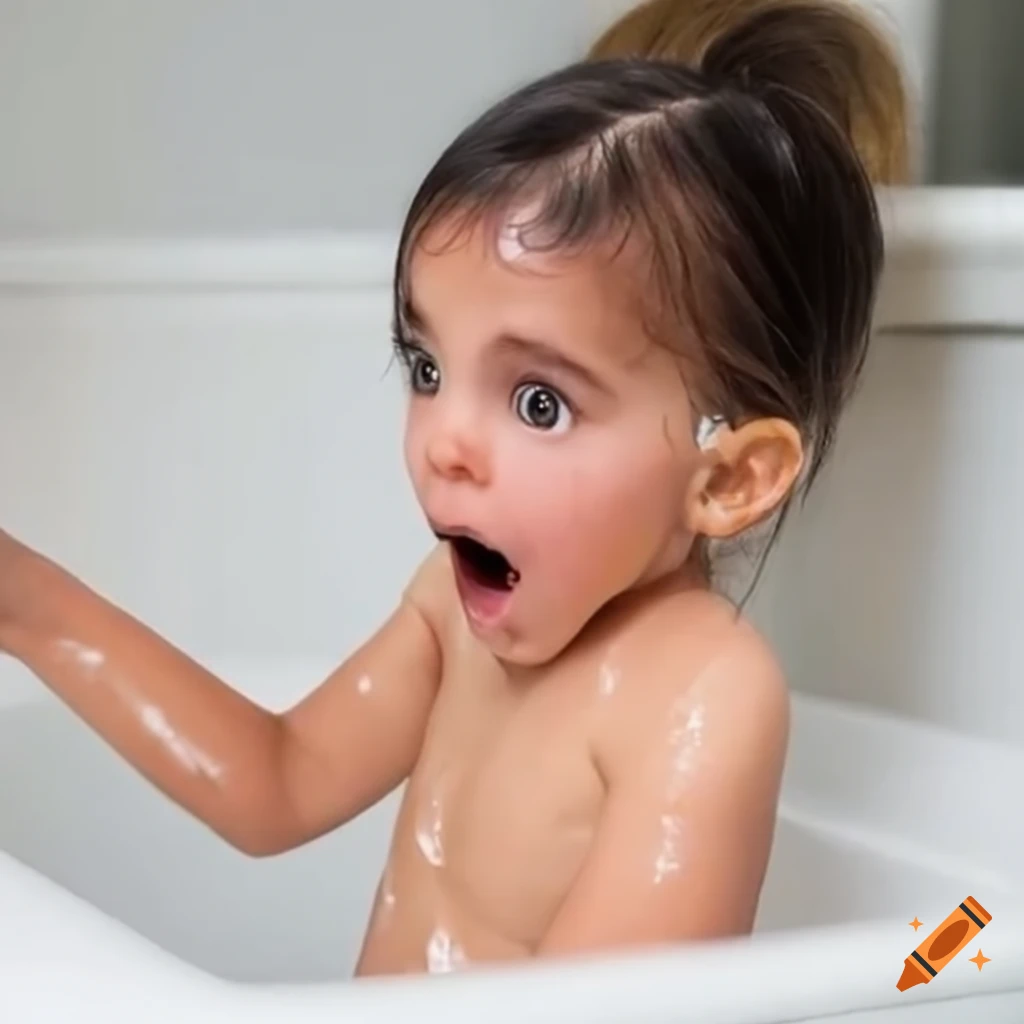 surprised toddler girl with straight hair and pigtails eating a white popsicle during bath time