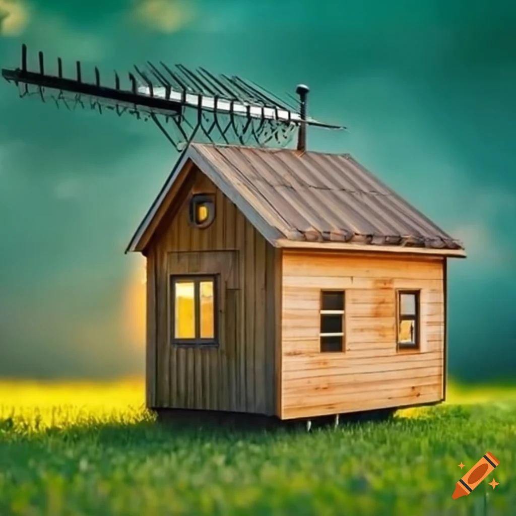 Wooden house with a large radio antenna on the roof on Craiyon