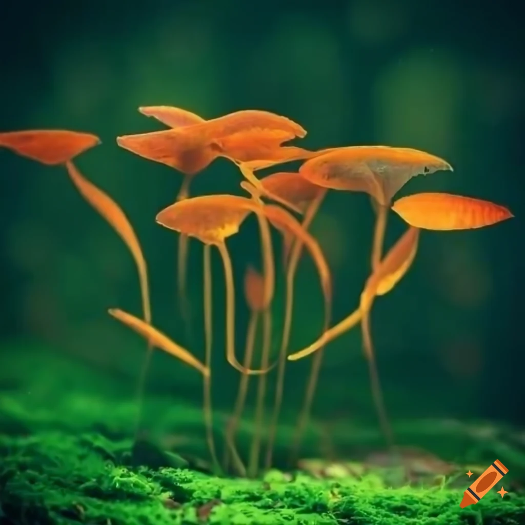 fantasy plants growing on a moss floor in the forest
