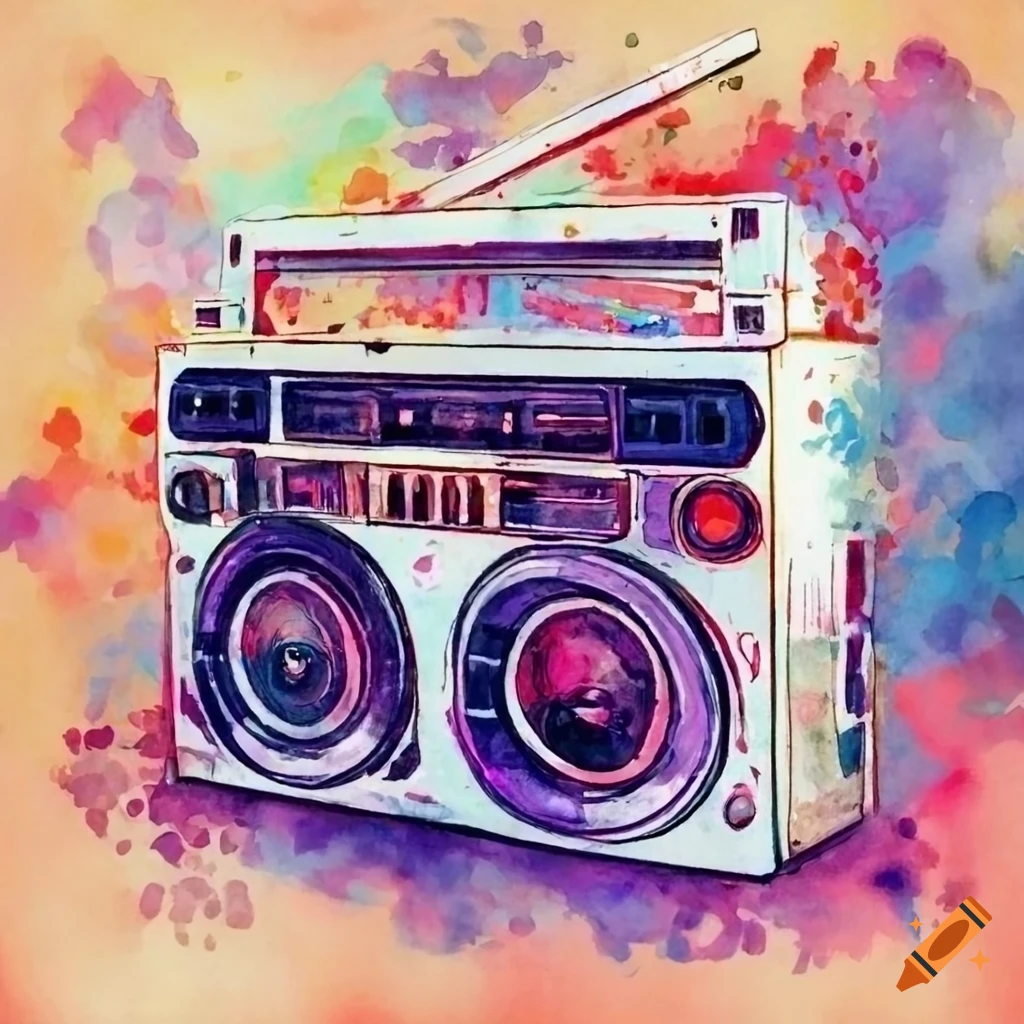 watercolor illustration of a Japan boombox in the 1970s