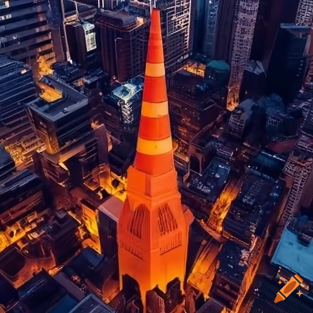 Aerial view of montreal with buildings shaped like orange traffic cones