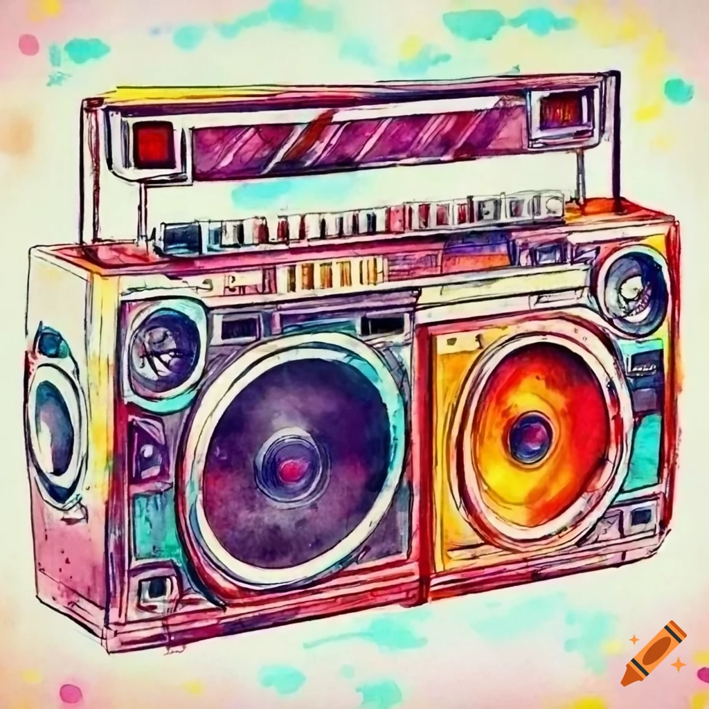 watercolor illustration of a Japan boombox in the 1970s
