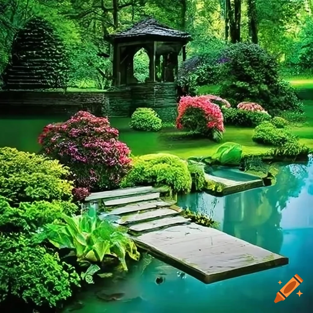 beautiful garden with a pond and baroque house
