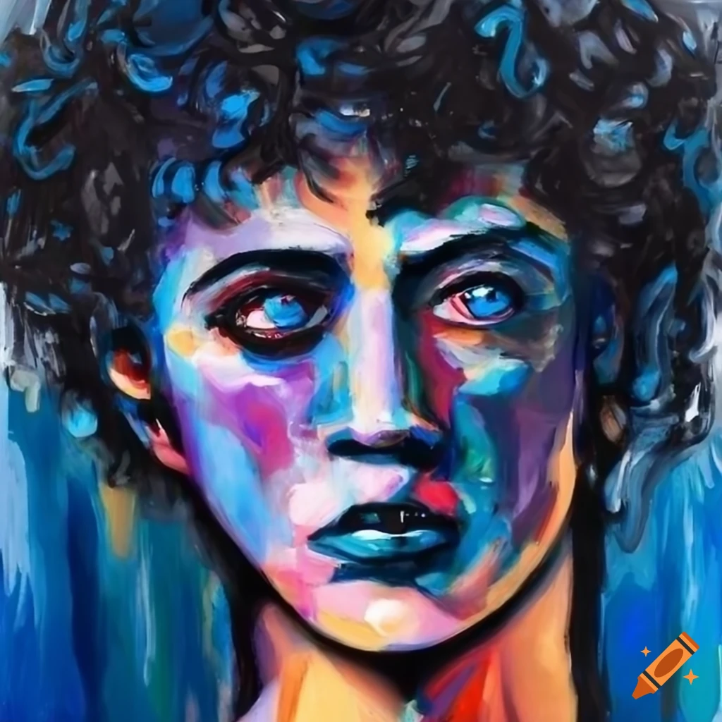 Expressionist painting of a man with long hair and vibrant colors on