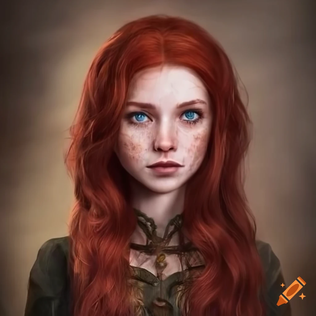 Realistic portrait of a young woman with long dark red hair and ...
