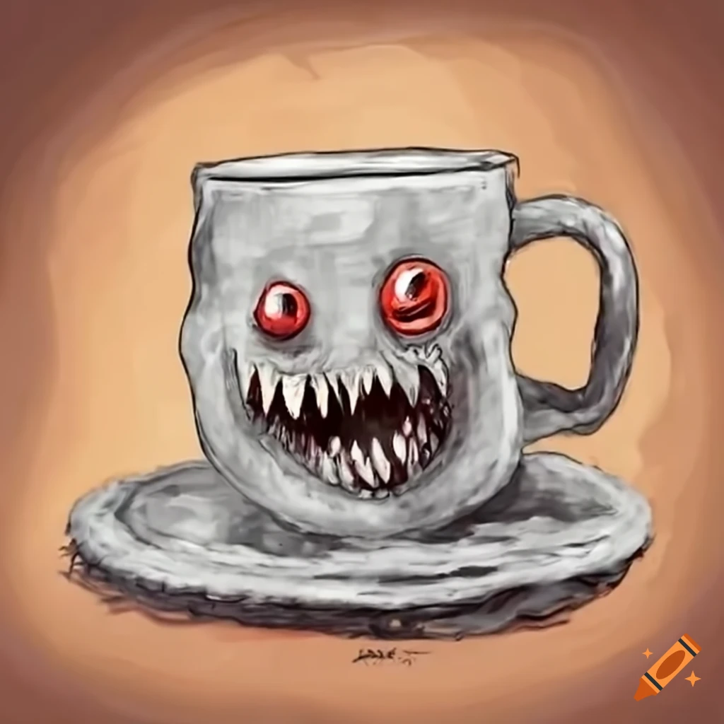 illustration of a monster coffee cup surrounded by coffee beans