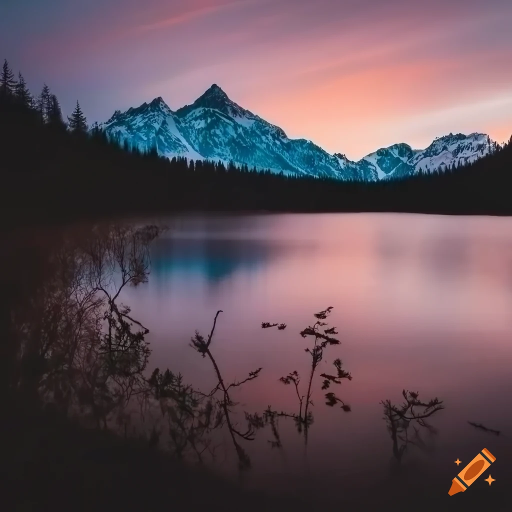 sunset over snowcapped mountains, forest and lake