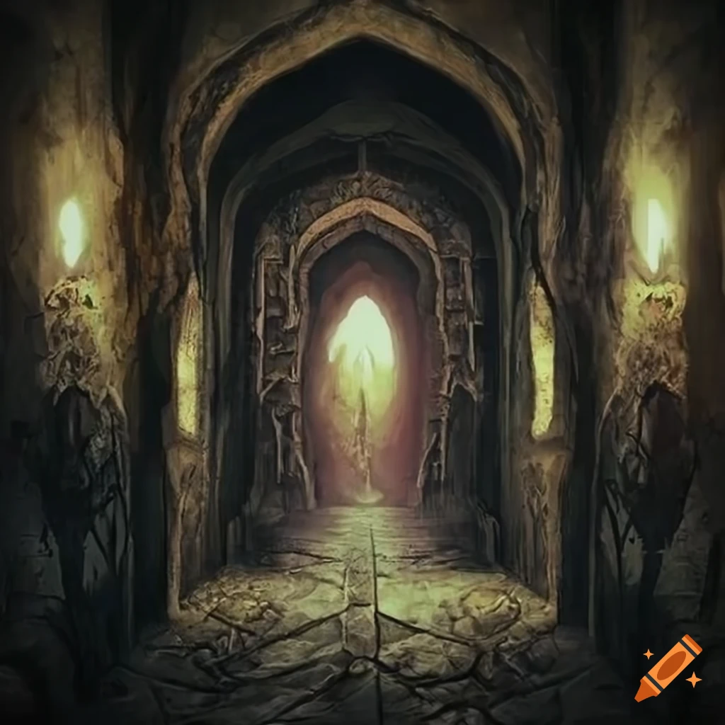 digital art of a torch-lit dungeon hallway