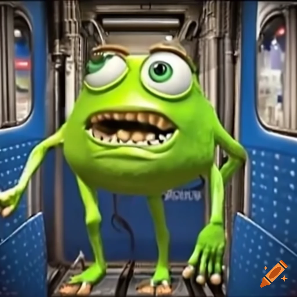 Mike Wazowski on a crowded subway train