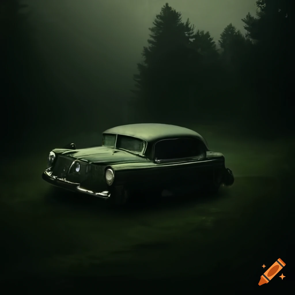 night scene of an old car in a foggy forest
