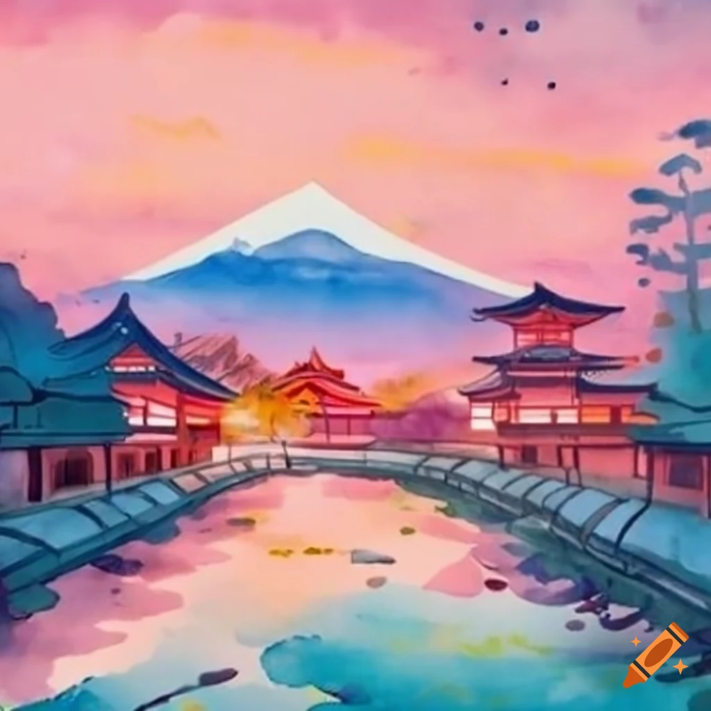 watercolor illustration of scenic Japan