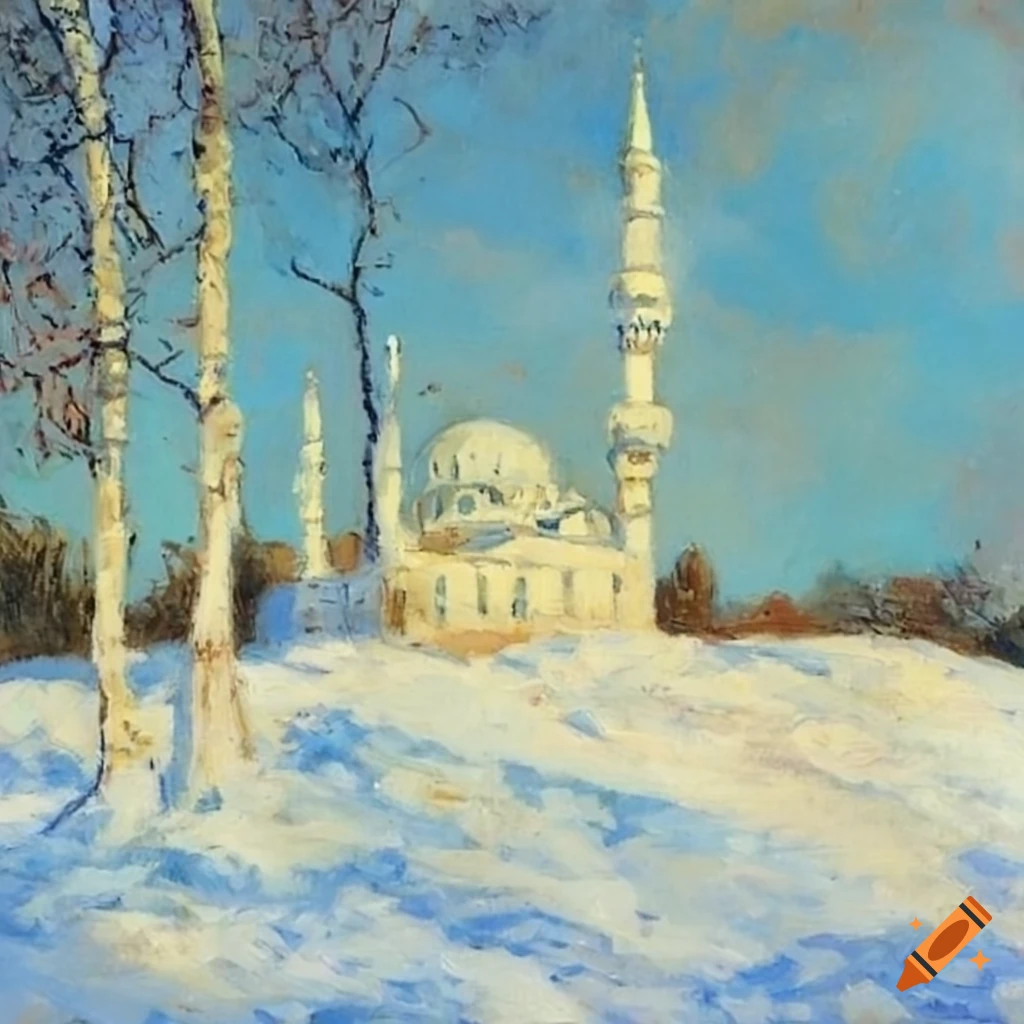 impressionistic painting of a mosque in the snow