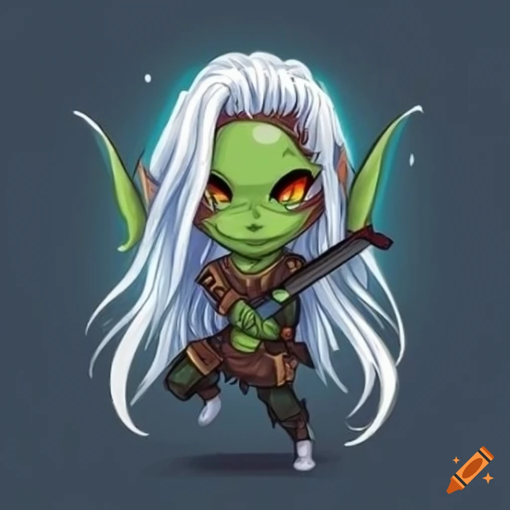 image of a female goblin rogue with white hair and daggers