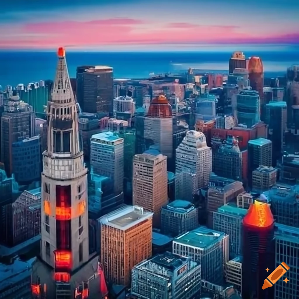 Aerial view of montreal with buildings shaped like orange traffic cones