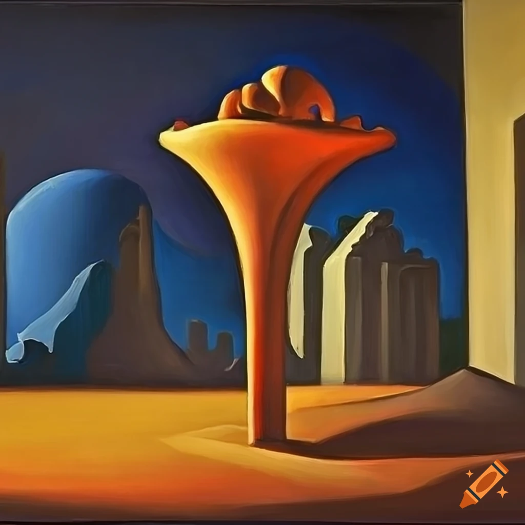 Still life painting with cityscape elements