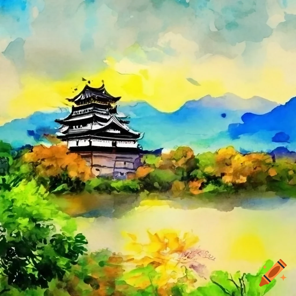 watercolor illustration of Kochi Castle in Japan