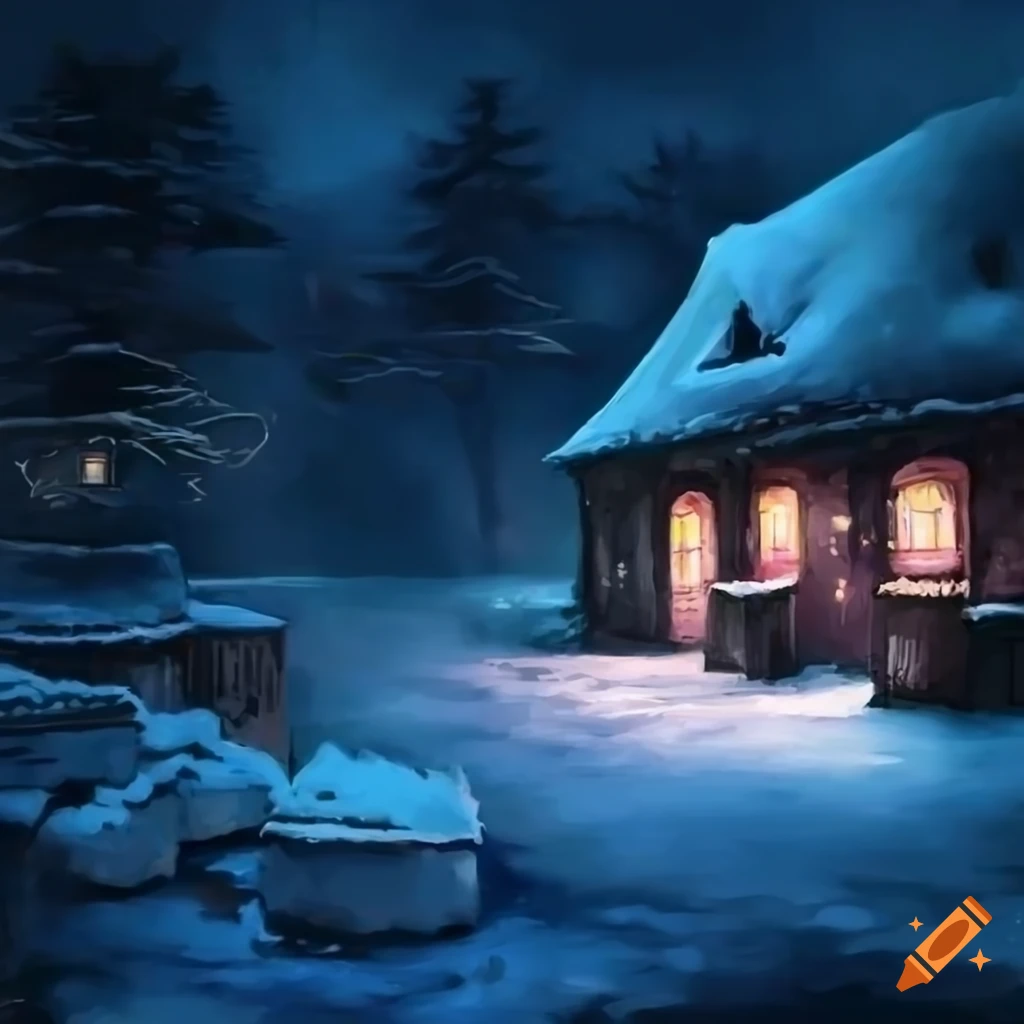 winter night scene in a snowy tavern courtyard
