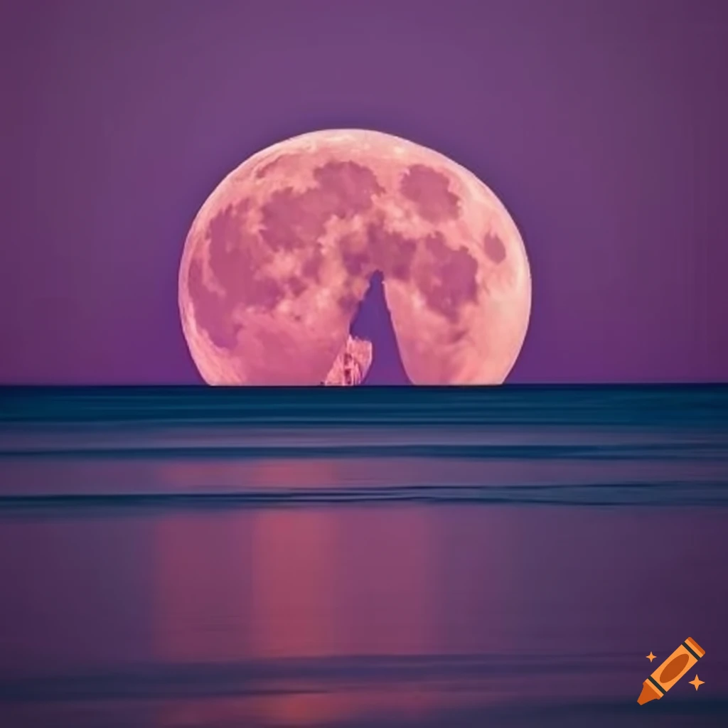 pink crescent moon reflecting on water at night