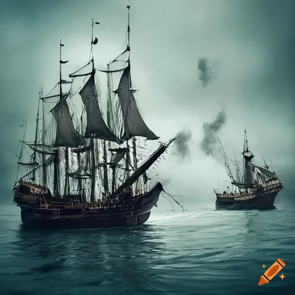 A majestic pirate ship sailing through stormy waters side view of
