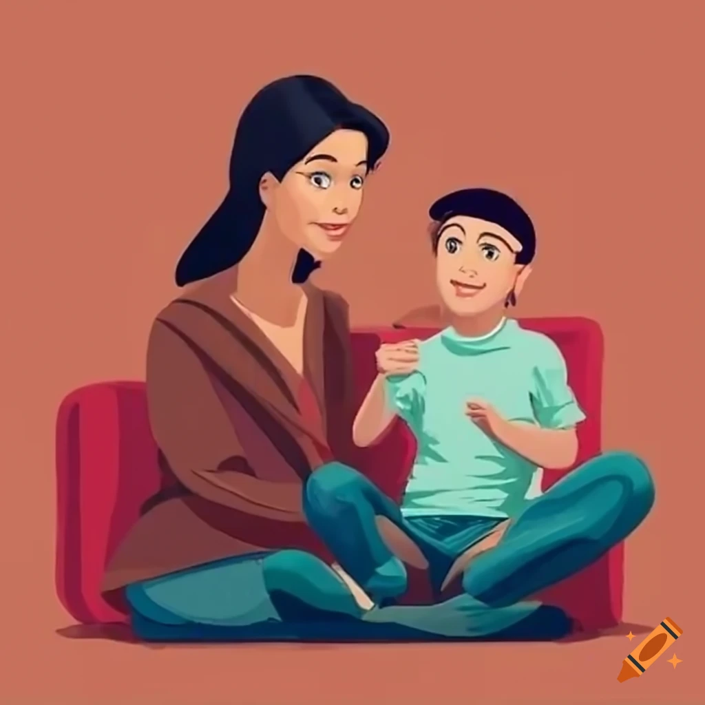 mother and son having a conversation on a sofa