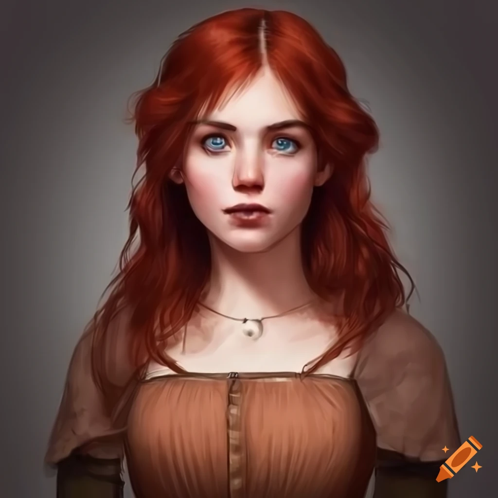 portrait of a young woman with red hair in medieval setting