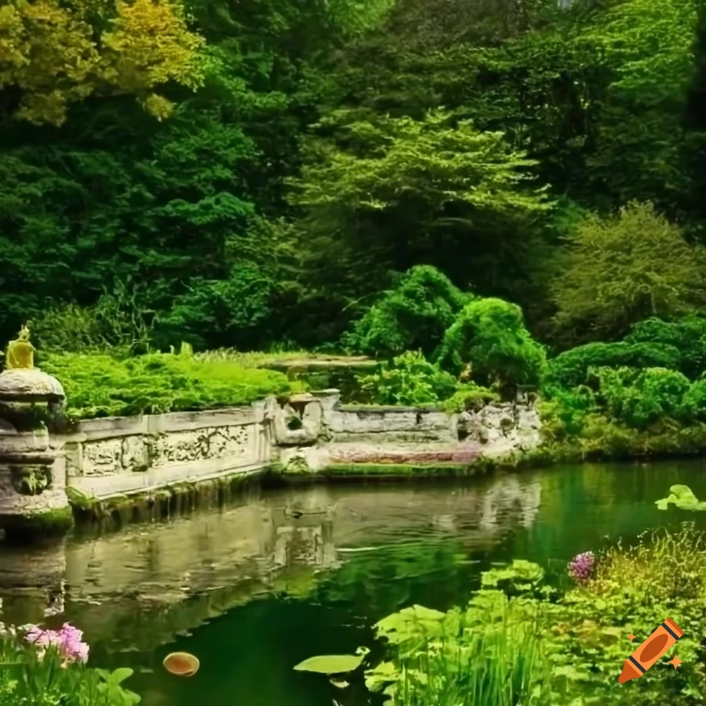 Rococo garden with a pond and flowerbeds on Craiyon