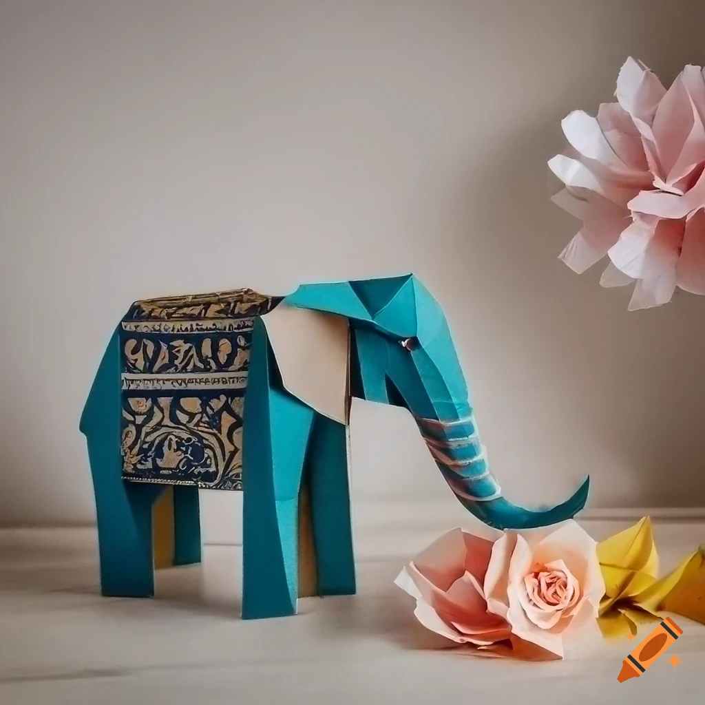 product photo of a paper elephant with paper flowers