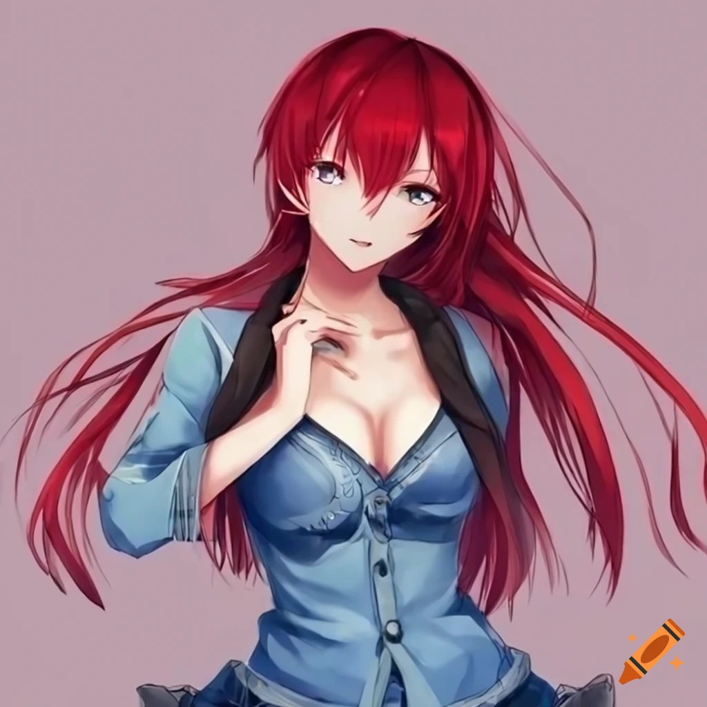 anime girl with red hair and blue jeans