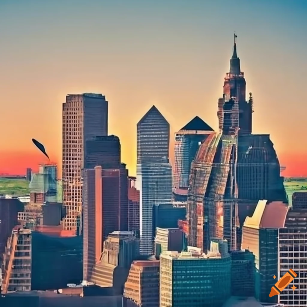 Aerial view of montreal with buildings shaped like orange traffic cones