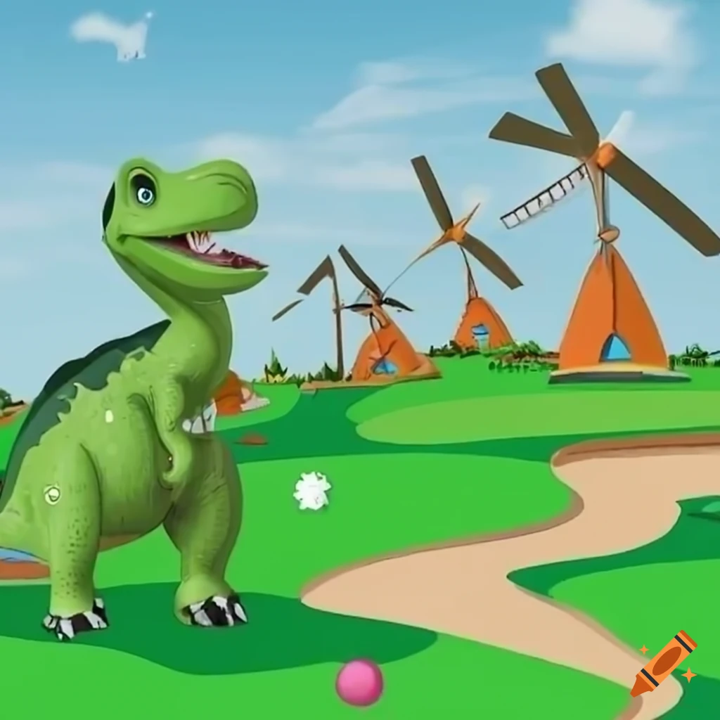 Realistic Happy Cartoon Dinosaur Near the Mountains · Creative Fabrica