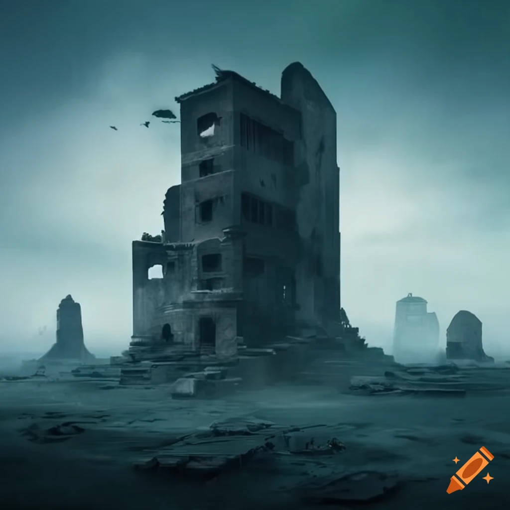 surreal architectural ruins in a desolate landscape