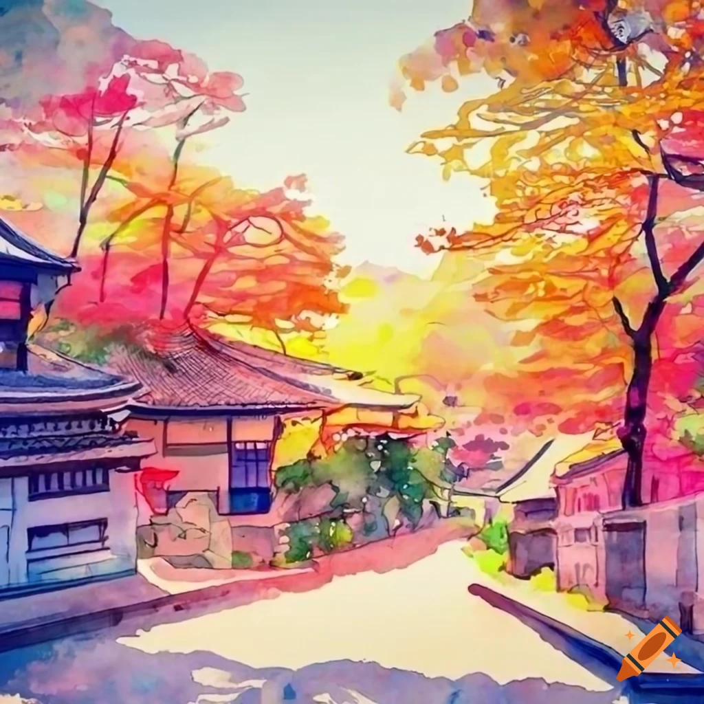 watercolor of beautiful scenery in Nara Prefecture