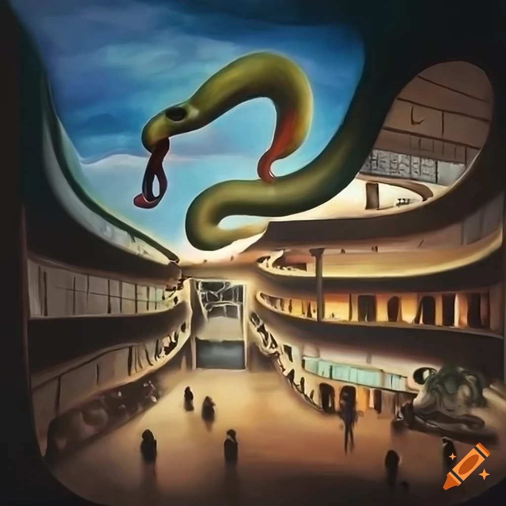 Surreal painting of a serpent-shaped shopping mall on Craiyon